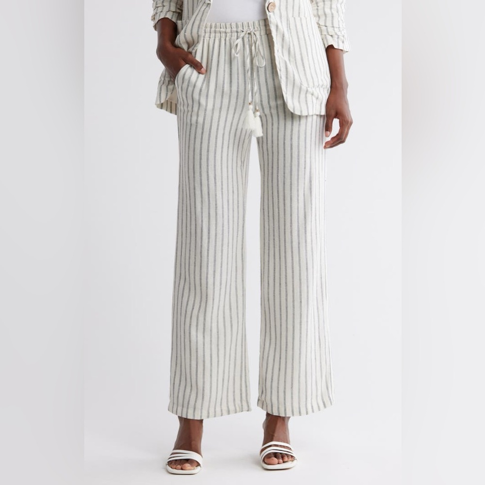 Ellen Tracy Linen Stripe Wide Leg Pants Women's Small White w/ Black pinstripes - Picture 4 of 15